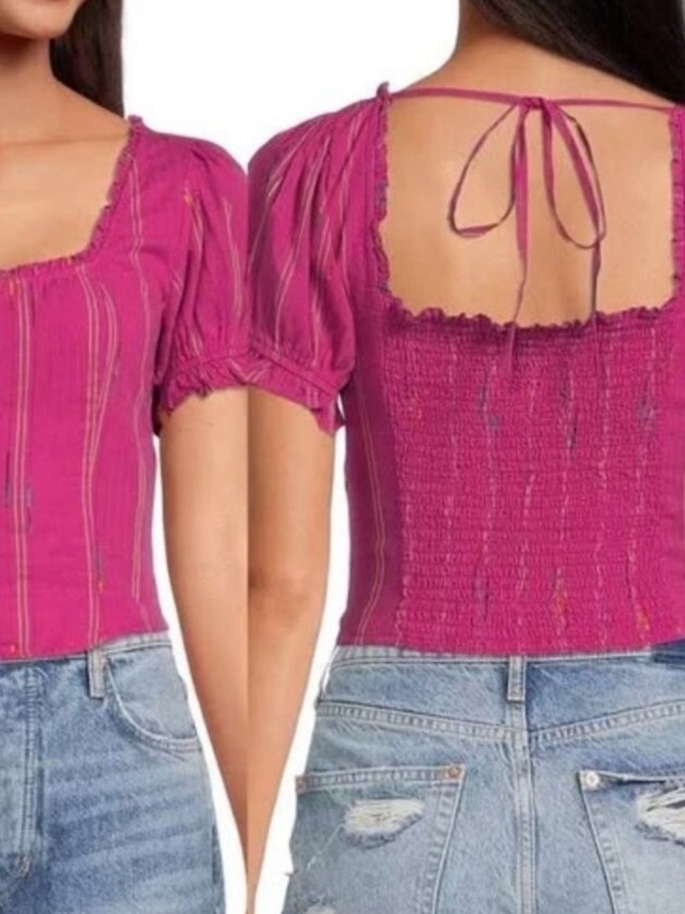 NWT FREE PEOPLE Seratonin corset Square Neck Puff Sleeve Top size large - Picture 3 of 9